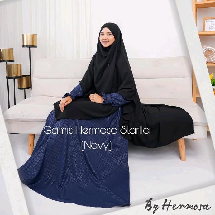 [Gamis hermosa]Gamis hermosa embos motif starla warna navy biru dongker-gamis syari navy busui premi