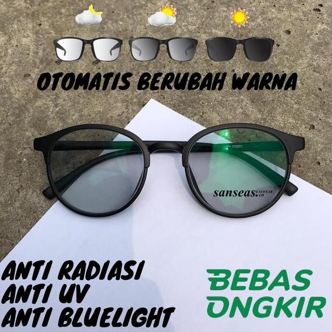 Kacamata Photocromic Pria Bulat Oval Lensa Anti Radiasi Hitam Doff