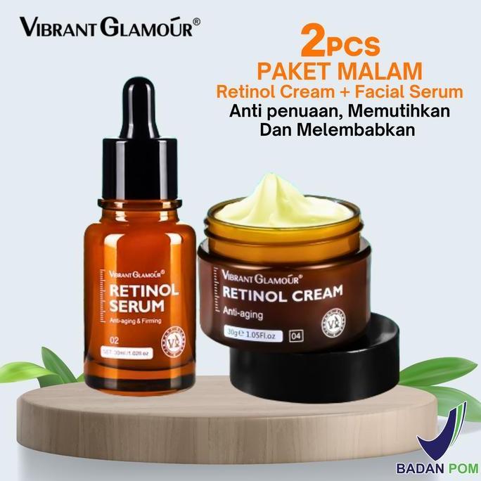 Vibrant Glamour Total 2 PCS Retinol Cream Wajah 30g + Retinol Serum Wajah 30ml [BPOM] Malam Perawata