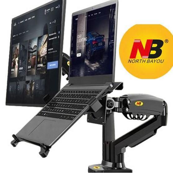 bracket monitor meja double Arm NBF160 dan Tray Laptop Breket Monitor