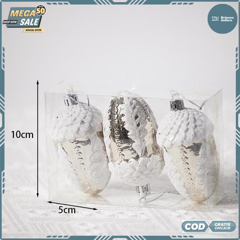 3pcs Hiasan Natal Silver Acorn Biji Pohon Ek ornamen Gantungan Pohon Natal Dekorasi Christmas Tree -
