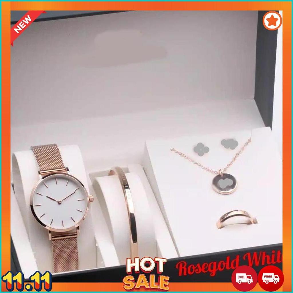 [COD] JAM TANGAN WANITA  PREMIUM PETITE PASIR RANTAI STAINLESS PAKET KALUNG , GELANG, CINCIN DIAMETE