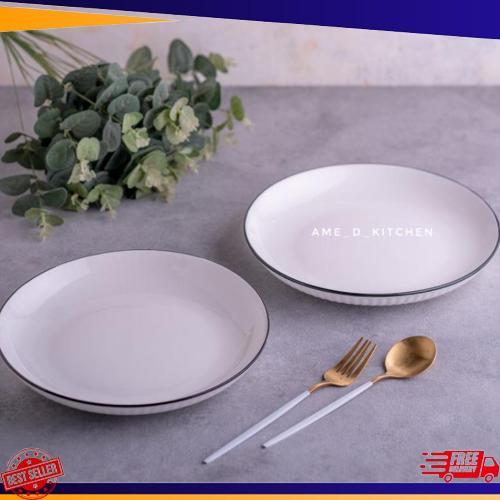 Grosir Piring Bijian Bulat 7 Inch Keramik Putih Texture Garis Pelipit