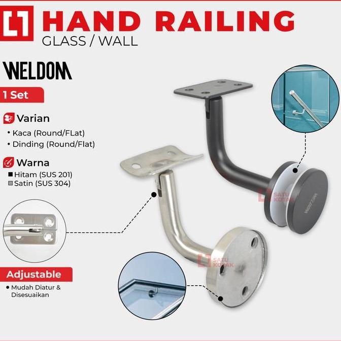 WELDOM Adjustable Bracket Konektor Handrail Tangga Railing Pegangan Tangan Stainless 304 Kaca/Tembok