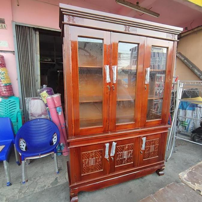 lemari buku serbaguna minimalis kayu jati 3 pintu