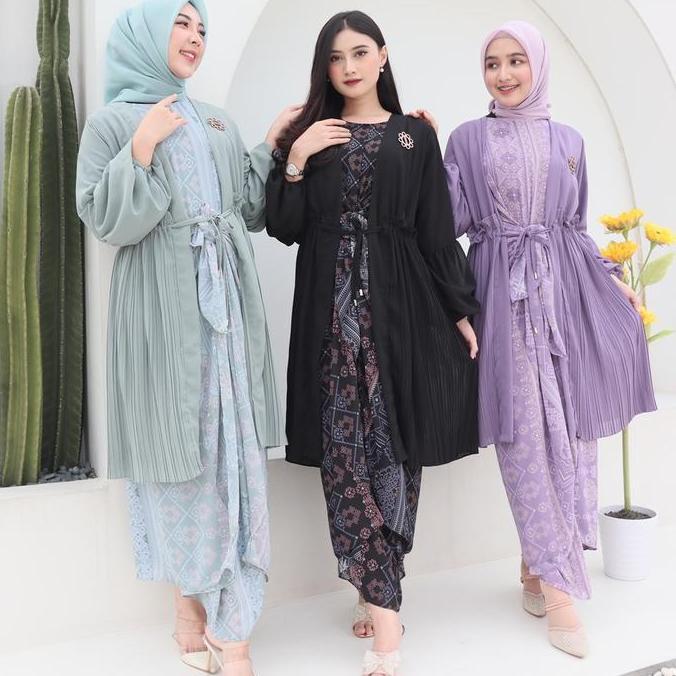 SET ZALVA KAFTAN IKAT CERUTI MOTIF PLISKET GIES 168 KAFTAN DRESS KEKINIAN Dress Fit Muslim Kondangan