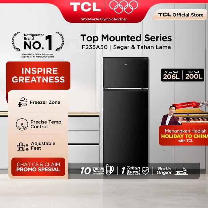 Terlaris Tcl Kulkas 2 Pintu (Refrigerator) - Kapasitas 206L - Electronic Control - Adjustable Feet -
