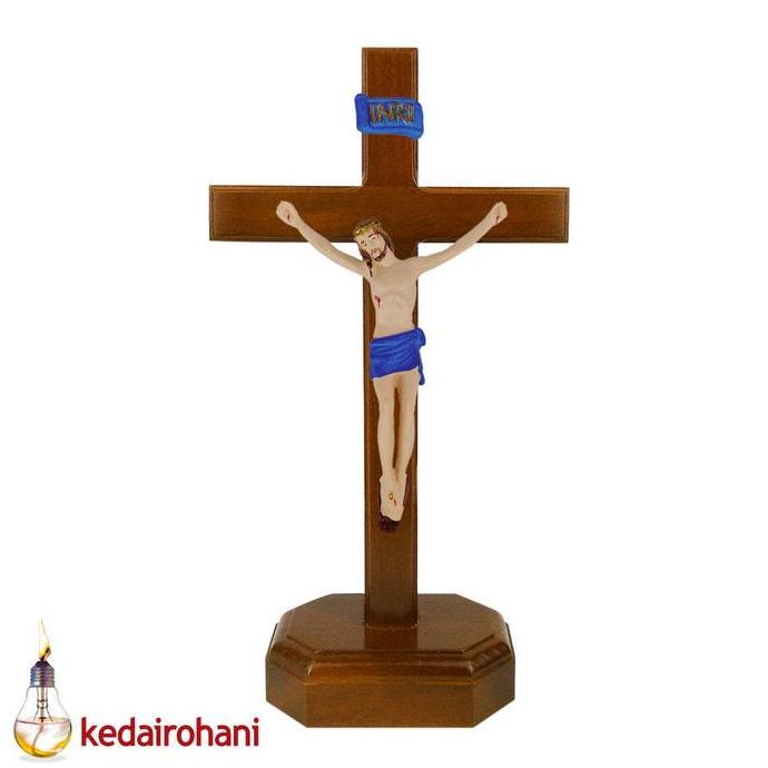`````````] Salib Duduk Kayu Jati Natural Patung Corpus Tubuh Yesus Inri 23 cm