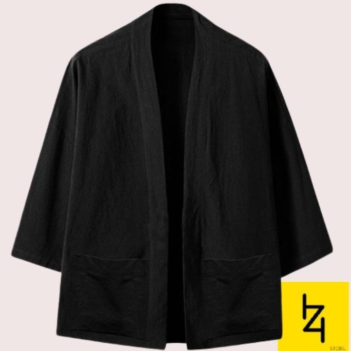 Kimono jepang pria wanita outer hitam polos cardigan M L XL XXL 2L 2XL