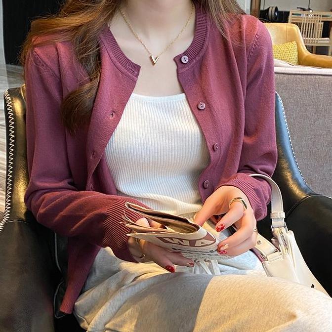 Kardigan rajutan tipis warna polos ramping lengan panjang serbaguna baru Knitwear Wanita Atasan Card