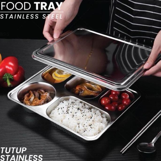 Terlaris Lunch Box 5 Sekat / Piring Makan Stainless Stell 5 Sekat / Wadah Saji Stainless 5 Sekat / L