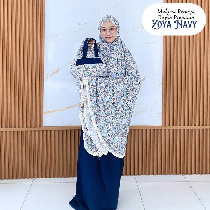 Mukena Couple Rayon Premium Renda Motif Zoya Navy - Mukenah Cantik