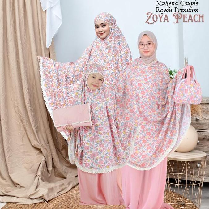 Mukena Couple Rayon Premium Renda Motif Zoya Peach - Mukenah Cantik