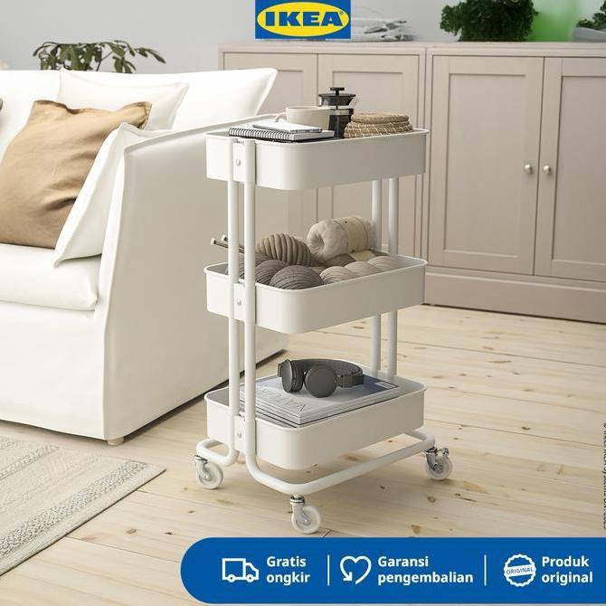 IKEA RASKOG Troli Dapur dengan 3 Rak Serbaguna Putih 35x45x78 cm .