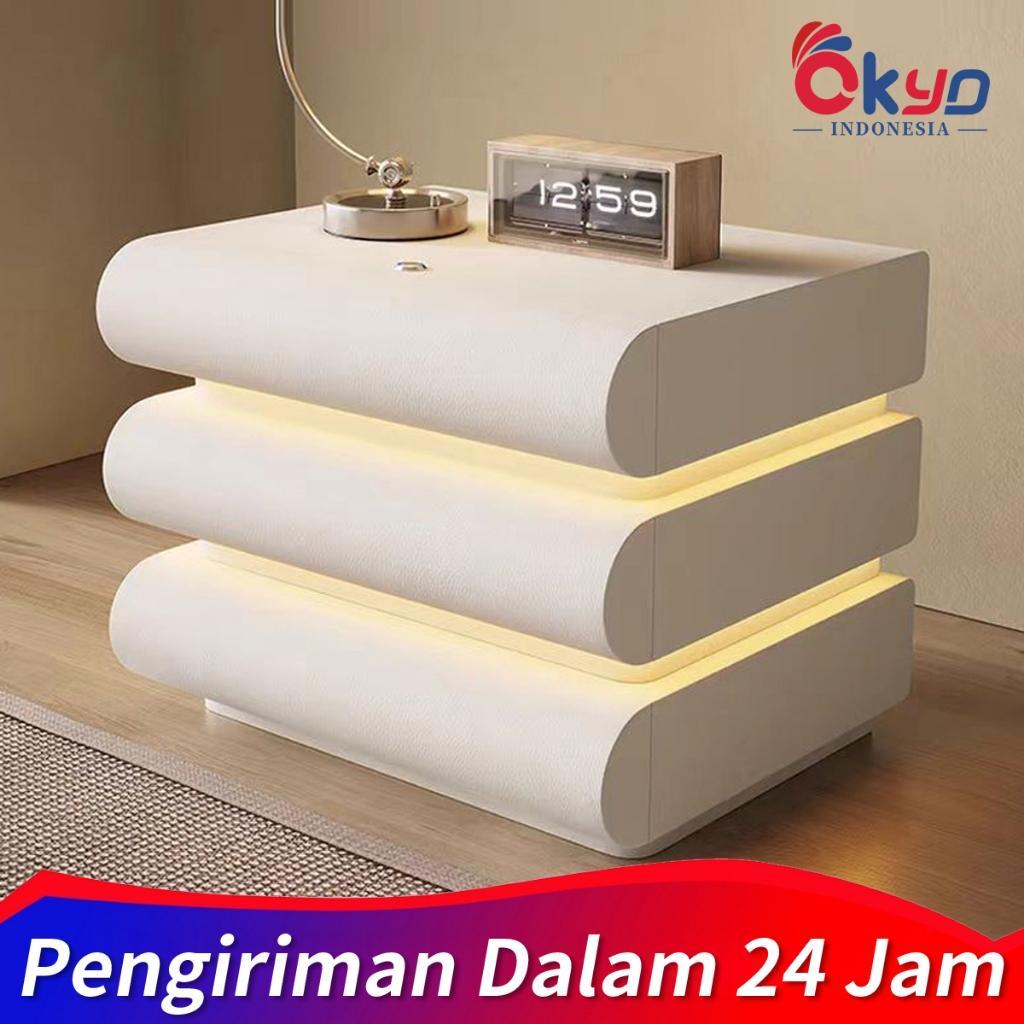 Meja Nakas Kayu 2 Laci Bedside/Lampu Led Smart Sensor Minimalis/Bedside Meja Samping/Table Meja Sudu