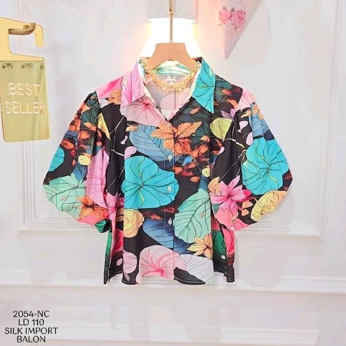Kemeja Wanita Lengan Balon Import Bahan Silk Premium Motif Bunga Cantik Atasan Blouse Bangkok BKK Ke