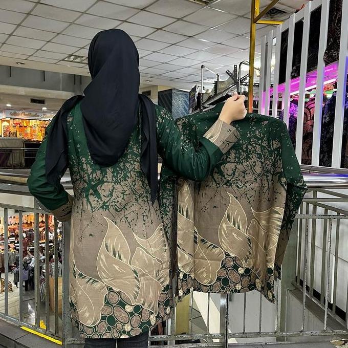 Baju batik tunik couple modern bahan katun solo lapisan full teri- ijo botol