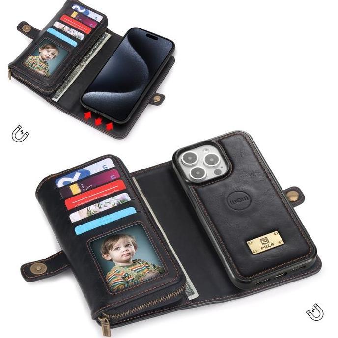 SS4125 - MULTI ZIPPER WALLET LEATHER CASE IPHONE 14 - 15 - PLUS - PRO - MAX BLACK TKP