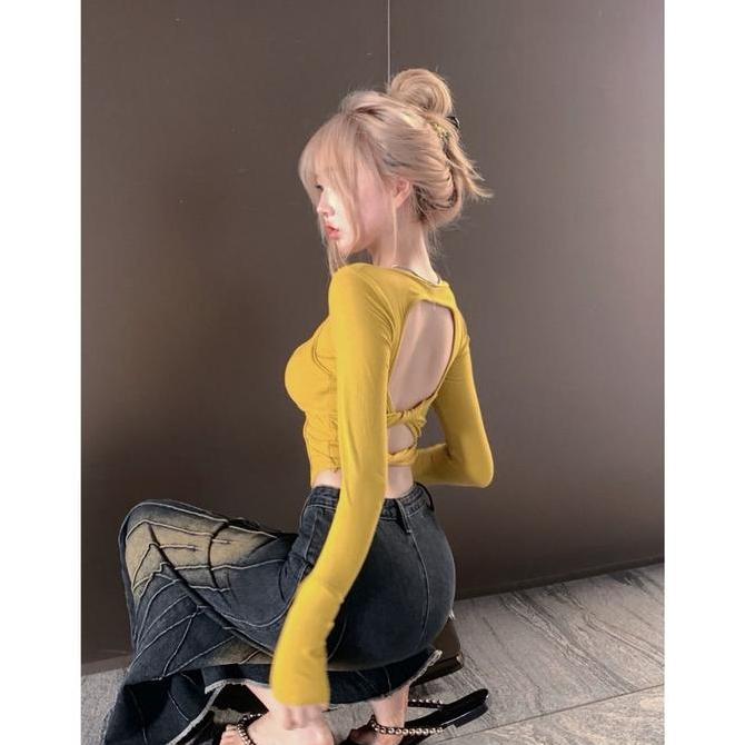 JelitaChic Pure Desire Hot Girl Atasan Pendek Punggung Terbuka Wanita Desain Musim Gugur Ceruk Leher