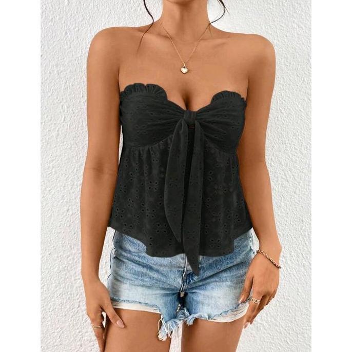SHEIN Prive Eyelet Embroidery Tie Front Tube Shoulder Top