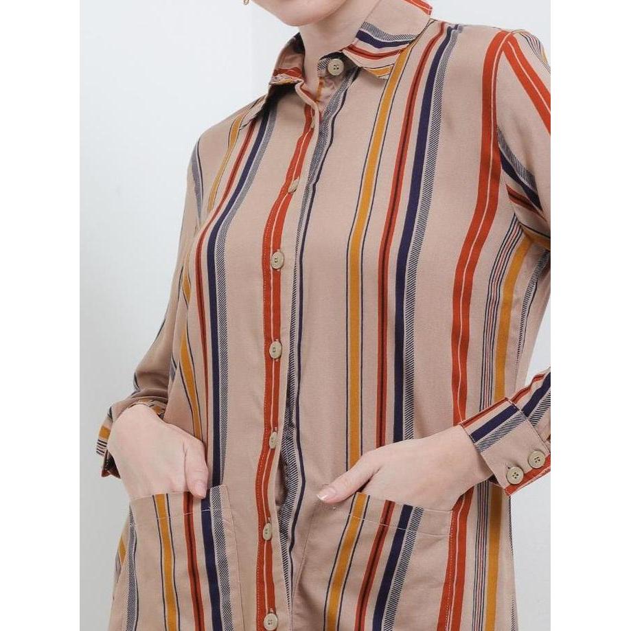 Arjuna Weda Tunik Batik Wanita Motif Garis - Bahan Rayon | Lengan Panjang | Kancing Depan