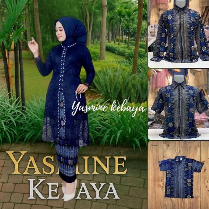 Baju Couple Kebaya Brokat Tunik Kancing Payet Biru Dongker Set Rok Plisket Batik Wanita Couple Sarim