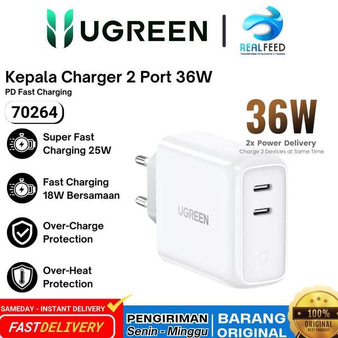 Kepala Charger 2 PORT USB Type C PD 36W Fast Charging CD199 Ugreen 70264 Garansi Resmi