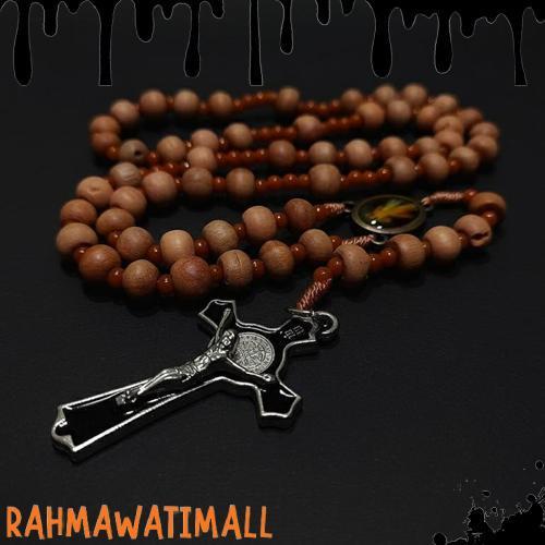 Teratas Kalung Rosario Cendana 77 Bapa Kami Kayu 8Mm Katolik Aksesoris Souvenir Salib Pria Wanita Ta