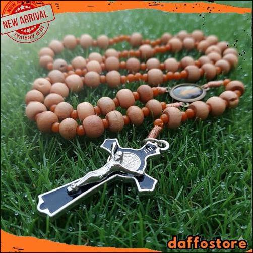Cod Kalung Rosario Cendana 77 Bapa Kami Kayu 8Mm Katolik Aksesoris Souvenir Salib Pria Wanita Tali M
