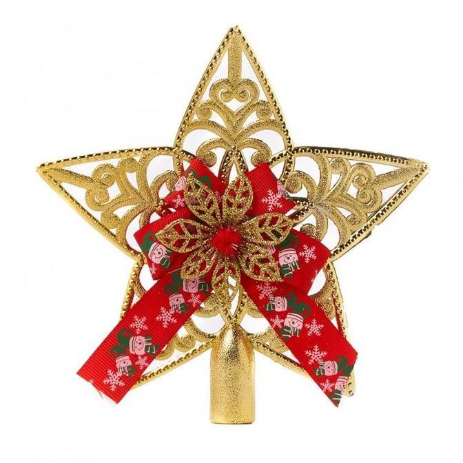 Hiasan Top Bintang Pohon Natal Gold Pita Snowman bintang natal aksesoris natal dekorasi natal hiasan