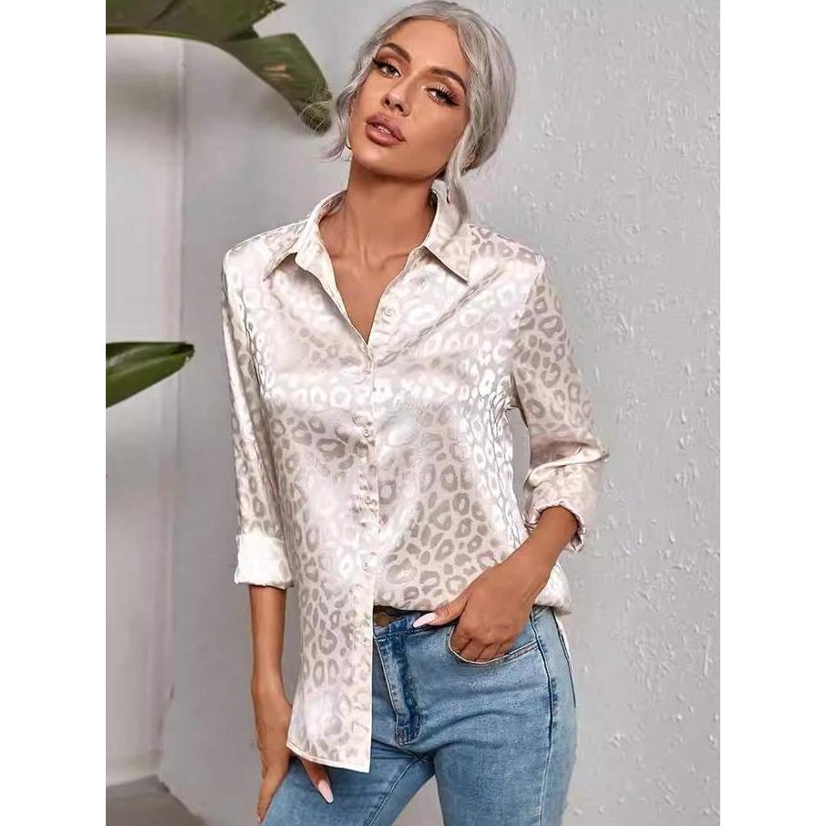 Promo 99029 Kemeja Wanita Satin Enam Warna, Motif Macan Tutul Tiga Dimensi, Atasan Panjang Muslim Lo