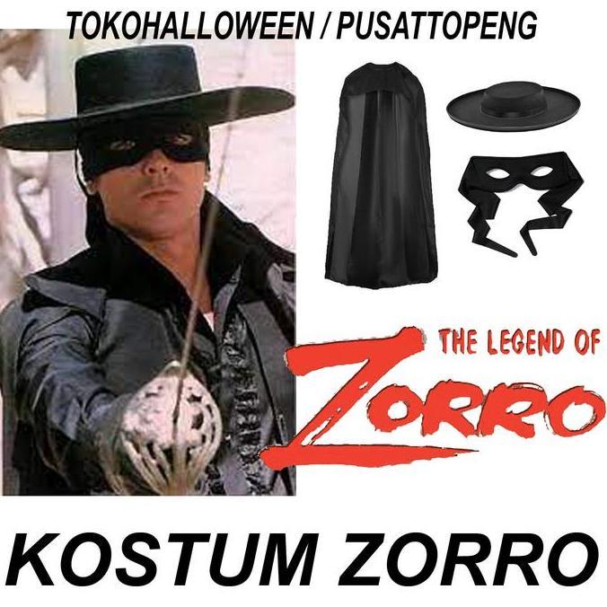 KOSTUM ZORRO SATU SET JUBAH TOPI TOPENG