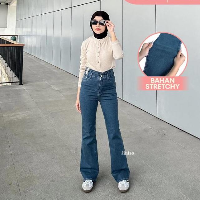 Jiniso Hangout 618 Cutbray Stretch Hhwaist Celana Jeans Wanita