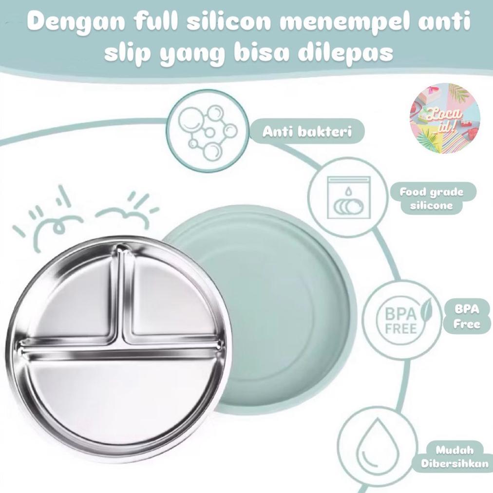 Piring Makan Anak Stainless Silicone Suction Plate Premium Mpasi
