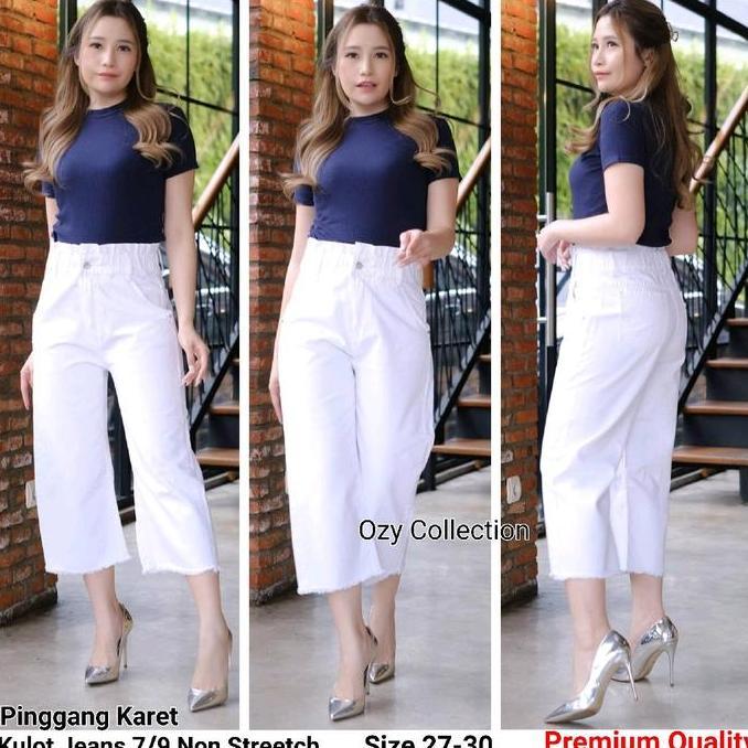 ETNA - Jeans Wanita Kulot Hhwaist 7/9 Pinggang Karet Kaki Rawis Putih - Jeans Non Streetch
