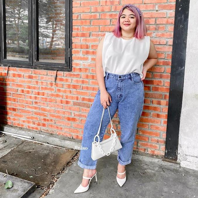 JINISO REAL CURVY - 1302 Jumbo Boyfriend Hhwaist Celana Jeans Wanita Warna Blue Acid