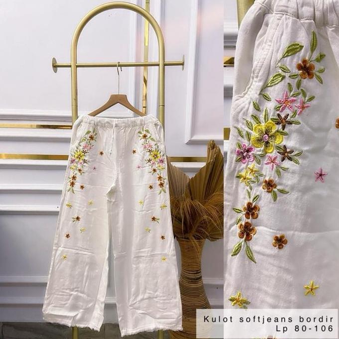Kulot softjeans bordir 3 motif biru bunga,putih love, bordir kuning Lp 80-104 Pj 95