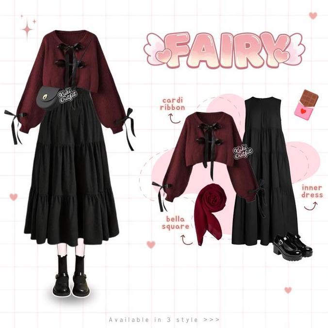 KUKI OUTFIT - Fairy 1 Set Outfit Wanita (Cardigan Pita, Rok, Celana, Hijab) Douyin Outfit Set Maroon