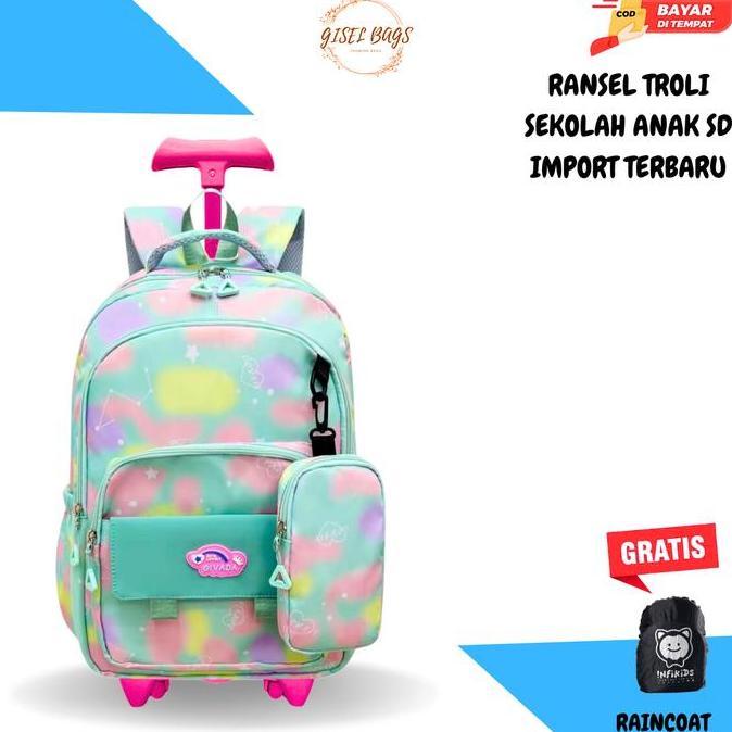 Tas Dorong Roda Anak Perempuan Sd Remaja Motif Warna Rainbow Waterproof