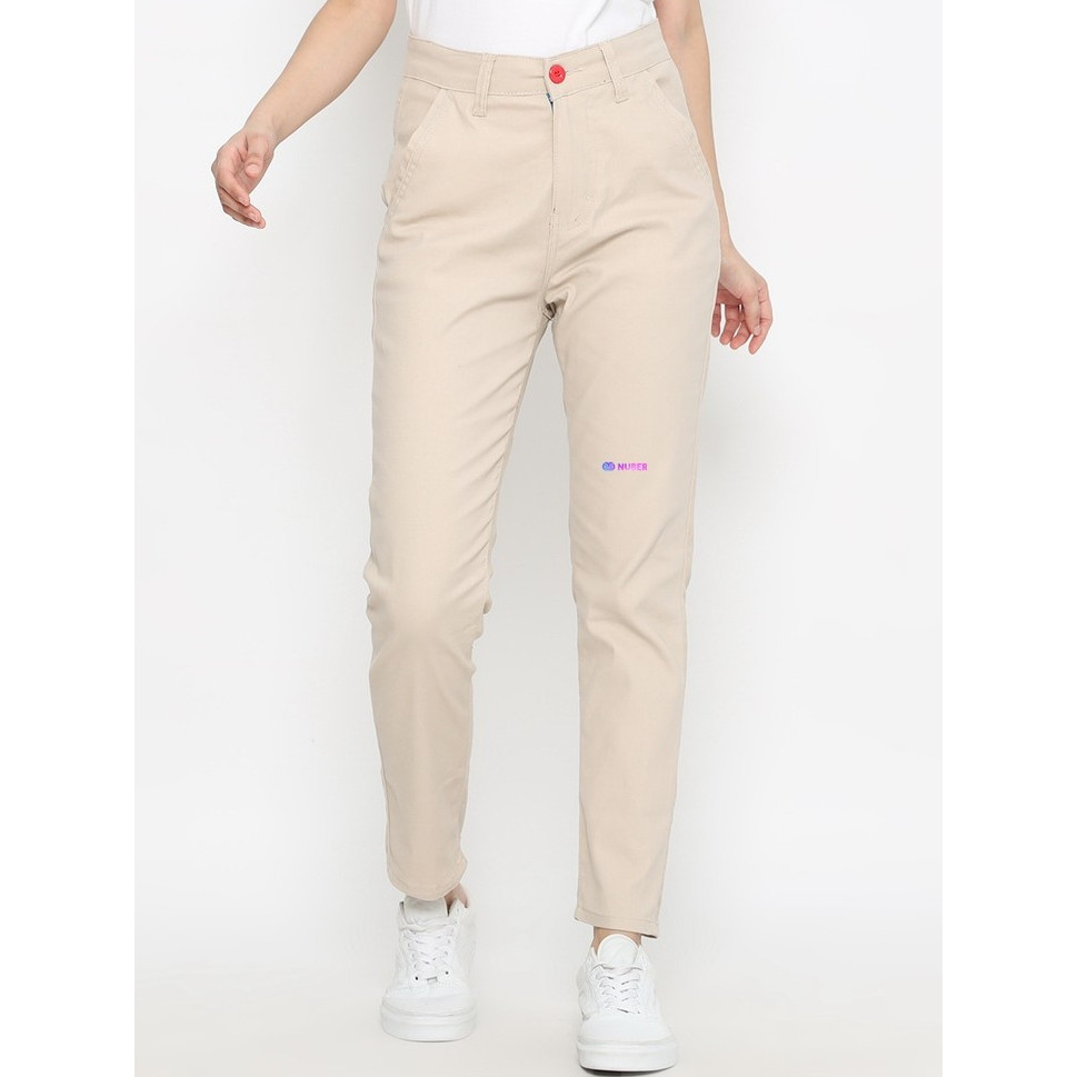 HINDIA Straight High Waist Chinos Celana Panjang Wanita Katun Premium Hitam Sand Putih Plumeria