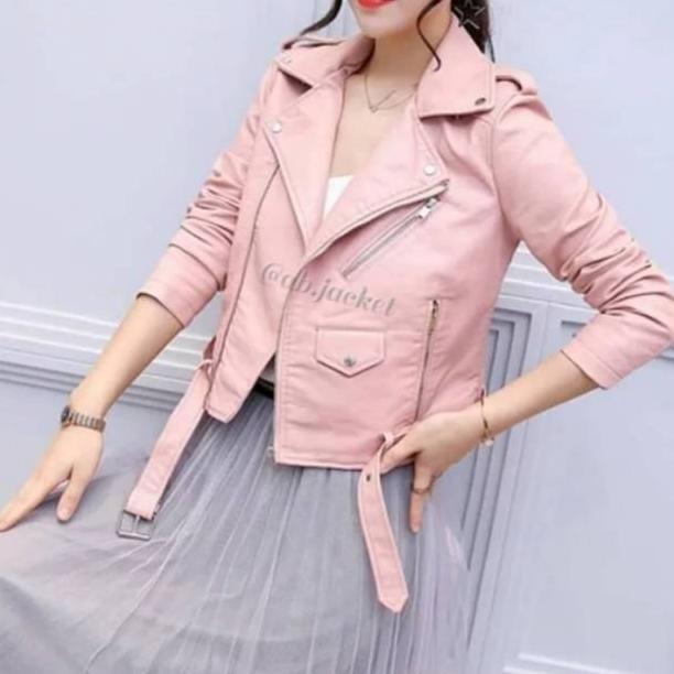 jaket wanita murah jaket kulit wanita sintetis jaket korea baby pink terbaru kekinian