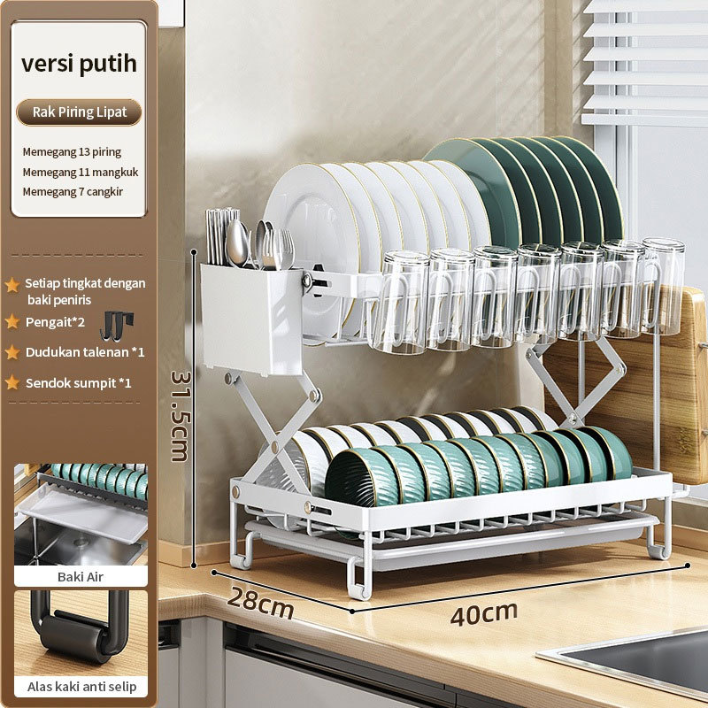 rak piring Stainless informa anti karat double susun lipat Rak Piring Dapur Penyimpanan Rak Dapu