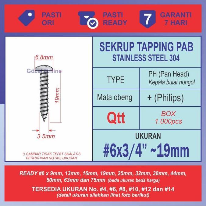 Sekrup stainless PAB no. 6 x19mm - ST 3.5 x 3/4" - BOX isi 1000pcs