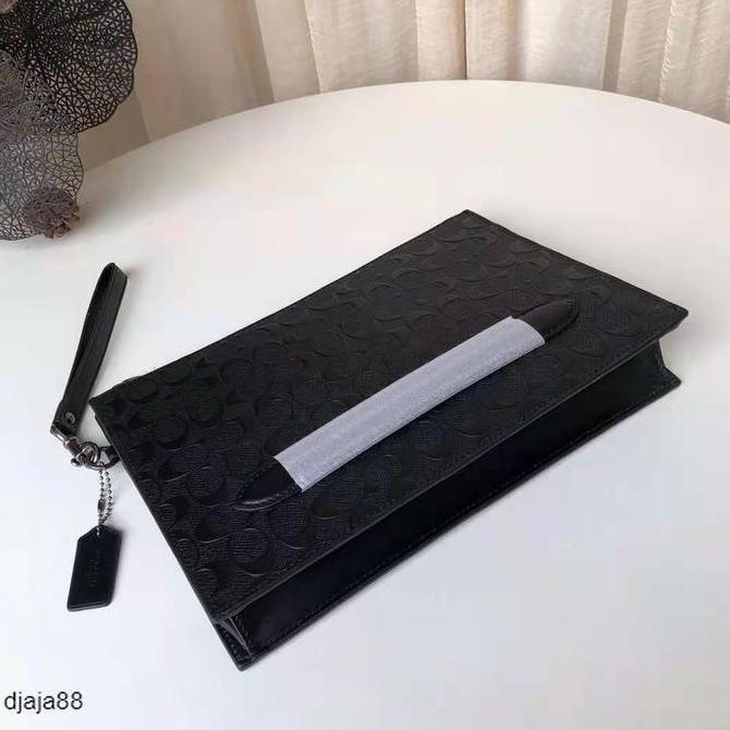 Clutch Pria Structured Clutch Pouch Signature Debossed Black Leather