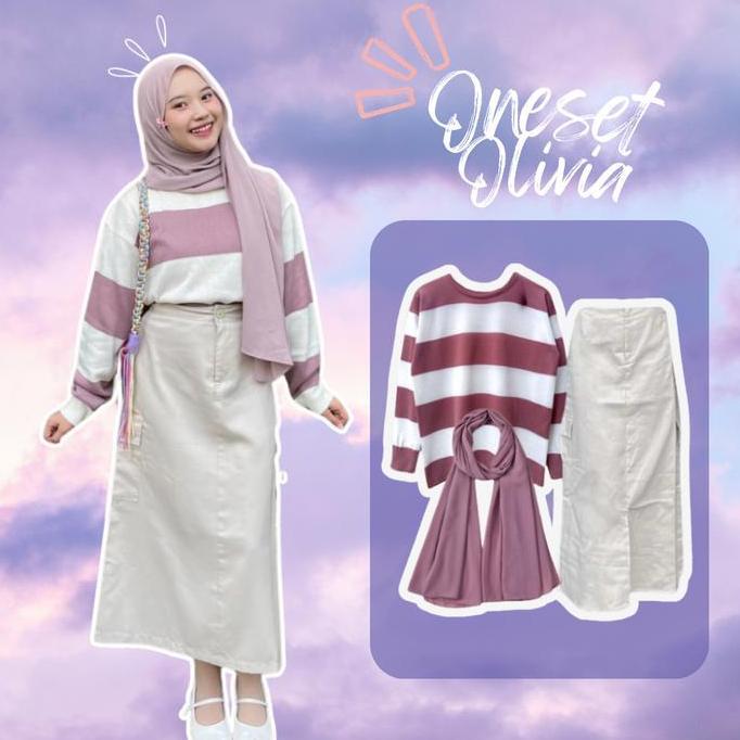 Setelan One set Korean Style Olivia | Rok Cargo Belah Skirt Katun Cream + Sweater rajut garis Atasan