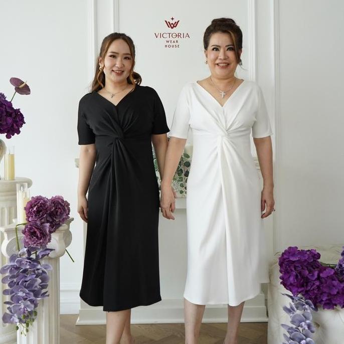 (Victoria Wear House) Lana Dress Midi Scuba Lengan Pendek Leher V Neck Polos Dres Gaun Terusan Wanit