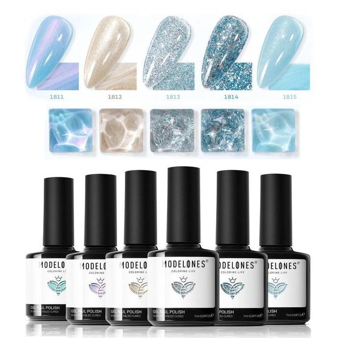 Lancar11- Modelones Gel Nail Polish Set,Mermaid 6 Pcs Blue Silver Glitter Gel Nail Polish Mint Green