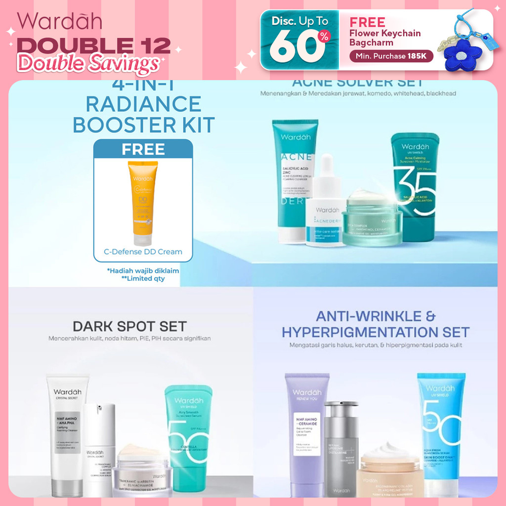 Wardah Paket 4 pcs Skincare Solusi Masalah Kulit - Facial Wash, Moisturizer, Serum, & Sunscreen (Acn