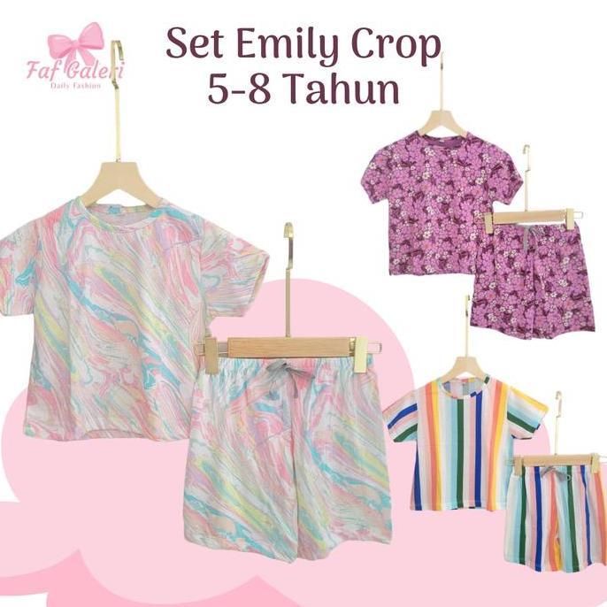 SET EMILY CROP 5 6 7 8 Tahun Setelan Anak Perempuan Bahan Kaos