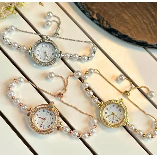Jam Tangan Wanita Tali Serut Kekinian El Mutiara Bulat Jam Tangan Wanita Mewah Tali Serut